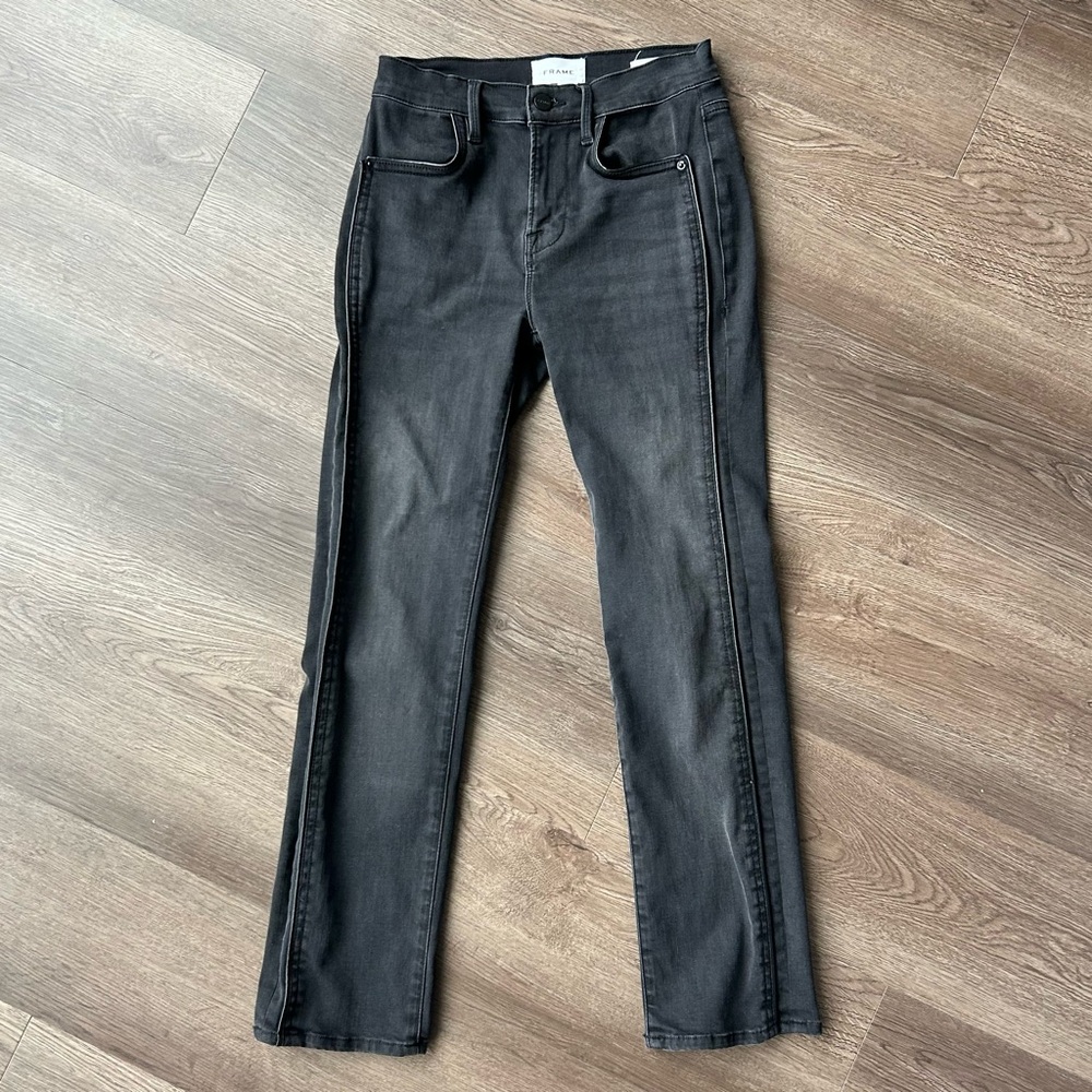Frame Le High Straight Leg Ankle Jeans with Leather Trim - Black, Size 25